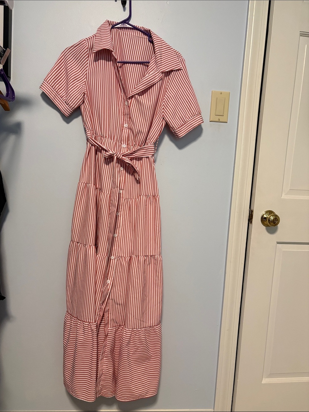 SHEIN Red and White Striped Maxi Shirt Dress with Tie Waist